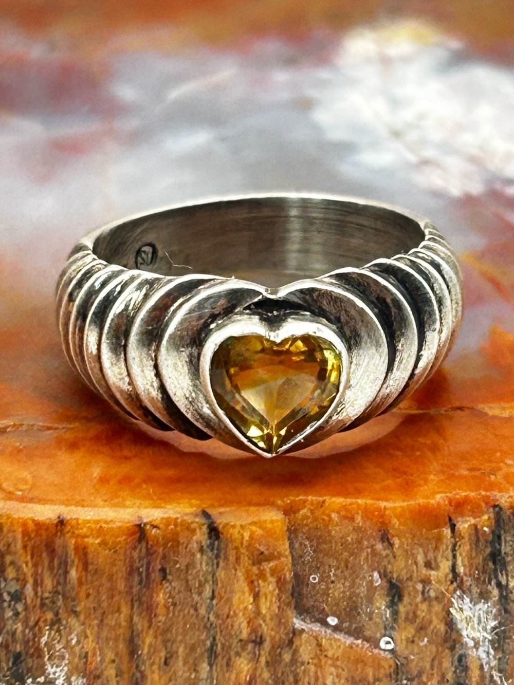 Vintage Sterling Silver Citrine Heart Ring - Size 6
